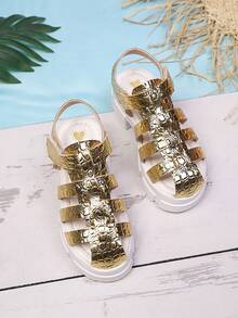 新款时尚女童罗马凉鞋，优雅公主鞋，鳄鱼纹金色高跟凉鞋，适合夏季日常穿着、派对和海滩活动 - 金色 - 查看 1