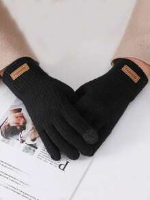 1 Pair Men's Winter Warm Touchscreen Gloves, Thermal Lined, Thick, Cold-Proof, Anti-Slip, Knitted For Cycling - Black - View 2