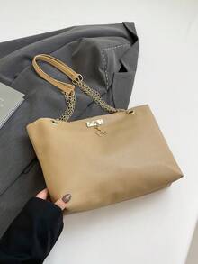 女士大容量手提包，时尚链条单肩包，新款时尚腋下包，复古亚麻托特包 - 卡其色 - 查看 7