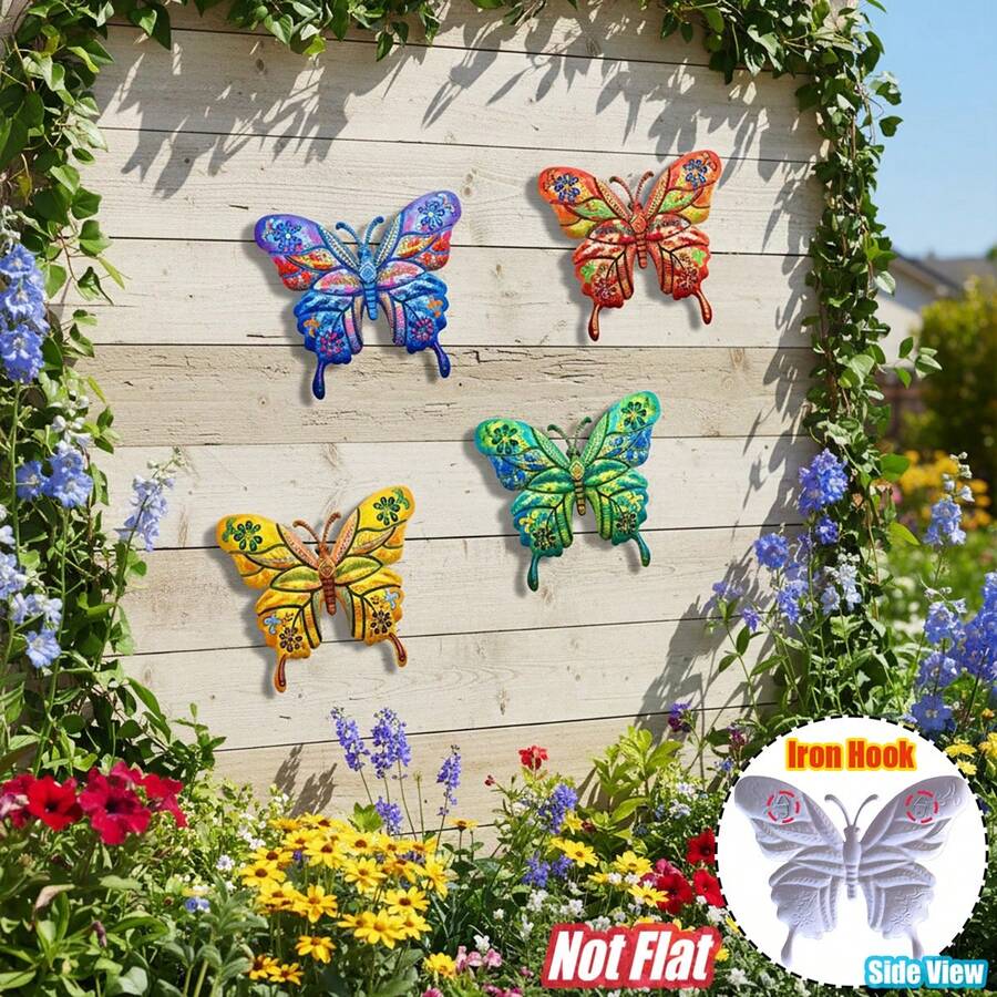 4 PEÇAS Decoração de Parede em Metal Vibrante de Borboleta, Escultura de Parede de Arte em Ferro Resistente à Ferrugem de 23,1 cm, Ornamento Decorativo Suspenso para Jardim, Pátio, Quintal, Varanda, Cerca - Presente Perfeito para Família, Amigos, Inauguração de Casa e Dia das Mães - Estilo A - Visão 1