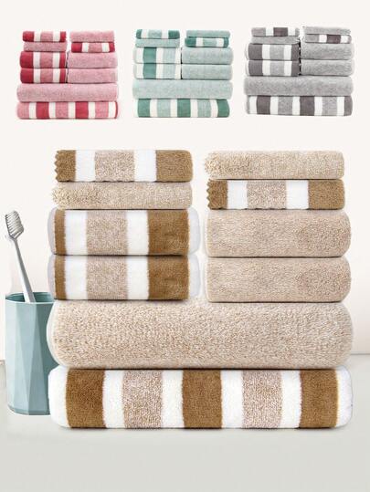 10pcs/Set | Mixed Striped & Solid Coral Fleece Towel Set, [4 Face Towels + 4 Hand Towels + 2 Bath Towels] / 10 Face Towels, Quick-Drying, Soft & Comfortable, Highly Absorbent, For Face Washing, Hand Drying, Hair Drying, Bathing, Suitable For Home, Hotel, Kitchen, Bathroom, Pool, Travel, SPA, Yoga, Valentine's Day Gift And Other Everyday Bathroom Essentials