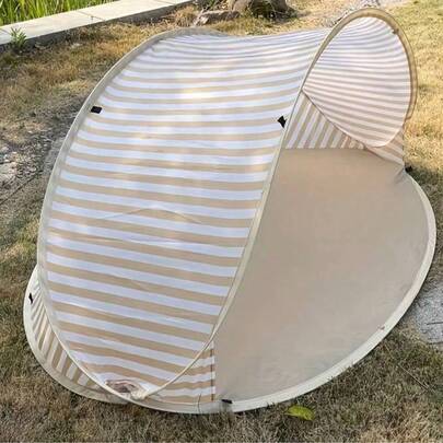 2-Person Quick Setup Beach Tent | Portable Striped Beige Sunshade Canopy | No Assembly Required For Camping & Picnics (New Year Travel Gear, Winter Beach Essential, Instant Sunshade, All-Season Picnic Tent, Coastal Style Canopy)