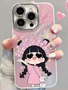 1pc Electroplated Glitter Full Coverage Cartoon Wealthy Girl Phone Case With 3D Metal Stand, Suitable For IPhone11/12/13/14/15/16/17/PROMAX
