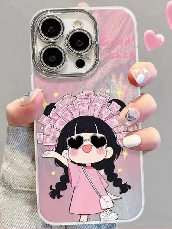 1pc Electroplated Glitter Full Coverage Cartoon Wealthy Girl Phone Case With 3D Metal Stand, Suitable For IPhone11/12/13/14/15/16/17/PROMAX