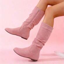 New Autumn And Winter Thick-Heeled Long Boots, Not Above The Knee Brown Skinny Boots, Maillard High-Heeled Boots, Black Classic All-Match Fashion Boots, Women's Mid-Calf Boots, Knight Boots, High Boots - 粉色 - 查看 4