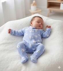 Baby Girl/Boy Long-Sleeved  With Zipper, Lined, Warm, Practical, Comfortable, Printed, Sizes Newborn, Small, And Medium, With Closed Feet. - 藍色泰迪熊 - 查看 2