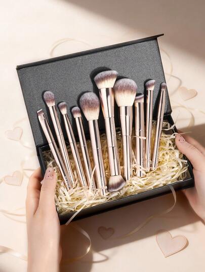 MAANGE 1/10 st professionellt set med sminkborstar i aluminium, med presentask av papper, dubbelhövdad foundationborste, rougeborste, löspuderborste, ögonskuggsborste, ögonfransborste, ögonbrynsborste, läppborste, haloborste, concealerborste, skönhetsborstekit, sminkborste för resor, present till kvinnor och flickor