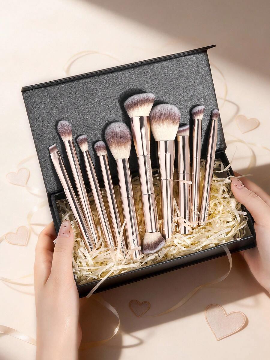 MAANGE 1/10件套专业铝管化妆刷套装，带纸质礼盒，双头粉底刷、腮红刷、散粉刷、眼影刷、睫毛刷、眉刷、唇刷、光晕刷、遮瑕刷，美妆刷套装，旅行化妆刷套装，女士及女孩礼物 - 金色 - 查看 1