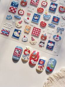 1片装 5D立体美甲贴纸 可爱甜美卡通布贴 泰迪熊饰品美甲贴纸 DIY 3D立体美甲贴花