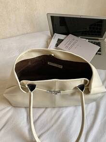 1pc Women's Large Capacity Handbag, PU Leather Shoulder Bag, Casual Classic Minimalist Designer Business Style Bag, Fashion Ladies Commuter Bag, Black, White, Brown, Silver - Beige - View 5