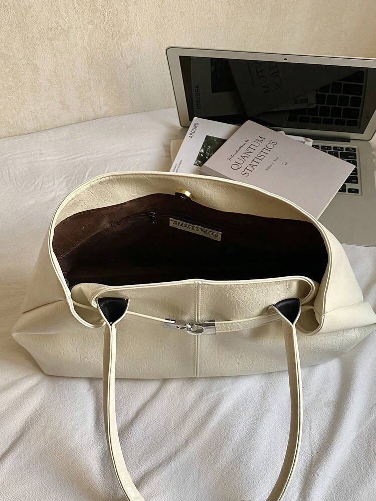 1pc Women's Large Capacity Handbag, PU Leather Shoulder Bag, Casual Classic Minimalist Designer Business Style Bag, Fashion Ladies Commuter Bag, Black, White, Brown, Silver - Beige - View 4