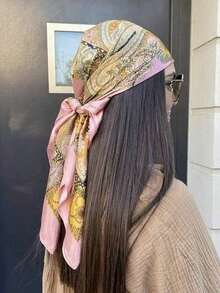 1pc Minimalist Printed Satin Square Scarf, New Spring Fashion Headscarf Women, Can Be Used As Waistband, Bag Decoration, Ribbon, Headband Or Scarf, Choice To Enhance Your Overall Look - 粉色 - 查看 3