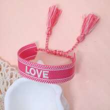 1pc Handmade Bohemian Braided Bracelet With Love Letter Embroidery And Tassel Decor - Pink - View 2