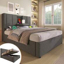 Polsterbett 90x200 cm Einzelbett mit verstecktem Becherhalter & Ladestation, Hydraulisches Bett mit Staurum unter dem Bett, Inkl. Lattenrost, Leinen Grau (Ohne Matratze) - Grå - Visa 6