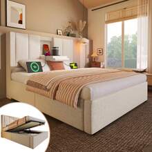 Polsterbett 90x200 Cm Einzelbett Mit Verstecktem Becherhalter & Ladestation, Hydraulisches Bett Mit Stauraum Unter Dem Bett, Inkl. Lattenrost, Leinen Beige(Mit Matratze) - White - View 5