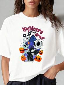 Nightmare Before Christmas  And Zero Halloween T ShirtDisney Theme Fun Prints, Women's T-Shirts With Round Neck And Short Sleeves, Suitable For Christmas Partiessports Activitiesholiday Partiesoutingssports And Other Holiday Gifts (220g). - White - View 4