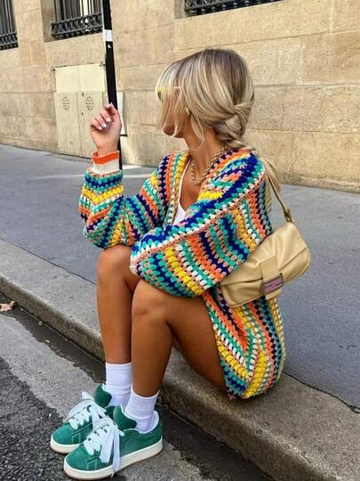 Women's Cardigan, Casual Soft Knit Jacket, Striped Multi-Color Long Sleeve Ruffle Knit Sweater, Autumn Outerwear Spring