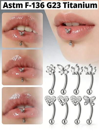 1 pieza Anillo de titanio con mariposa para perforación de rook, corona de circonita, anillo para ombligo, barra curva con flor para perforación de rook, oreja, trago, cartílago