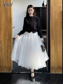 [Y6Y] Elegant Casual Women's A-Line Mid-Length Tulle Flared Skirt, Suitable For Spring/Summer Ethereal Goddess Outfit