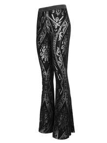 Quần ống loe bằng nhung màu tối theo phong cách Gothic, quần cạp cao in họa tiết bạc cổ điển, kiểu dáng ôm sát tôn dáng, dành cho những người yêu thích văn hóa đặc biệt. - màu đen - Xem 6