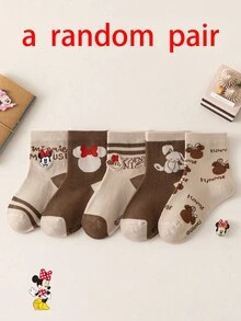 Disney 1/5 Pairs Mouse Embroidered Kids Crew Socks, Cute Beige & Brown Cartoon Spring Fall Socks For Girls - Multicolor - View 13