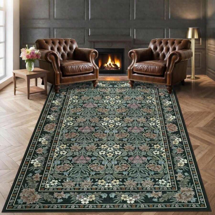 Zarvenda Large 8x10 Washable Area Rug For Living Room, No Shedding Vintage Floral Print Rugs Non Slip, Indoor Foldable Thin Retro Accent Carpet For Bedroom Farmhouse Dining Room Beige\/Pink\/Orange - ColorB - 查看 1