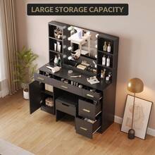 Farmhouse - Juego de Cambiador con Espejo Iluminado, Cambiador de Maquillaje Moderno de 56 Pulgadas con estación de Carga y estantes de Almacenamiento, Cambiador de recámara para Mujeres y - Negro - Ver 4