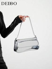 Bag Handbag 2025 New Solid Color PU Material Texture Luxury Style This Is A Solid Color Bright Evening Clutch Bag, With A Fashionable And Unique Short Arc Design, Equipped With Vest Buckle, Suitable For Ladies To Shoulder And Slung, 2024 Korean Fashion, Is The Best Valentine's Day Gift For Her, Travel, Travel, Shopping And Other Occasions To Use The Bag. - 銀色 - 查看 1