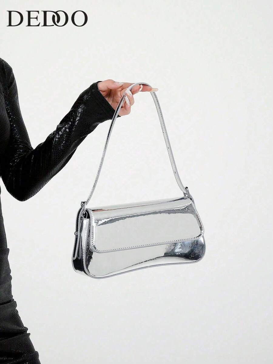 Bag Handbag 2025 New Solid Color PU Material Texture Luxury Style This Is A Solid Color Bright Evening Clutch Bag, With A Fashionable And Unique Short Arc Design, Equipped With Vest Buckle, Suitable For Ladies To Shoulder And Slung, 2024 Korean Fashion, Is The Best Valentine's Day Gift For Her, Travel, Travel, Shopping And Other Occasions To Use The Bag. - 銀色 - 查看 1