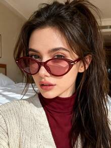 1 pieza Gafas de mujer clásicas y versátiles con montura redonda pequeña y estilo retro, de moda para la calle - Marco y borde de color rojo vino - Ver 3