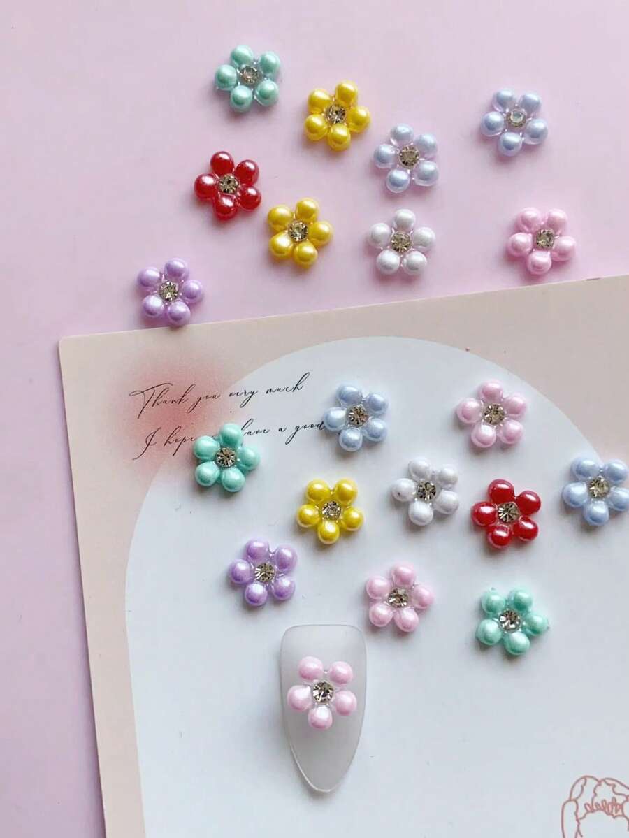 20件春夏款式，五瓣花朵点缀水钻美甲装饰，美甲饰品，DIY美甲用品，美甲饰品，美甲宝石，适合约会、婚礼美甲装饰，多种颜色混合 - 彩色 - 查看 1
