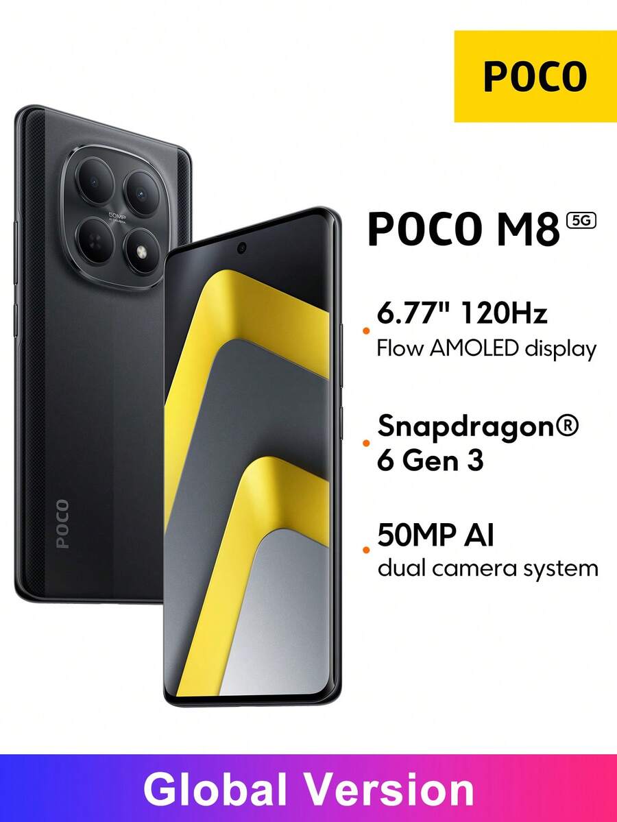 POCO M8 5G Global Version, Snapdragon® 6 Gen 3 Processor, 6.77" Flowing AMOLED Display, 50MP Main Camera, 20MP Front Camera, 5520mAh (Typical) Battery, 45W Turbo Charging, Xiaomi HyperOS 2 Google Gemini - Black - View 1