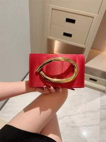 1个时尚金属装饰迷你盒形手拿包，优雅闪亮金属条点缀女士手提包，奢华质感，适合晚礼服、派对、婚礼、舞会等场合，含金属链 - 酒紅色 - 查看 3