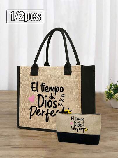 Bolso de lona grande con capacidad con bolsa de cosméticos minimalista y monedero, con el patrón de letras "El-Tiempo" colorido, bolso de mano de moda para mujer, bolso de almacenamiento casual portátil, bolsa de compras multifuncional