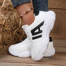 2026 New Spring/Summer Women Thick Sole Casual Sneakers, Breathable Athletic Shoes, Fashionable Lace-Up White Shoes - Black and White - View 3