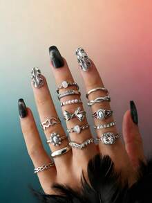 15pcs Faux Gem Rings Set, Faux Pearl Flower Geometric Rhinestone Bow Knot Rings For Women - Silver - View 1