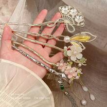 1件新中式流苏花朵发夹 - 高端小众复古风盘发饰品，防滑复古汉服发饰