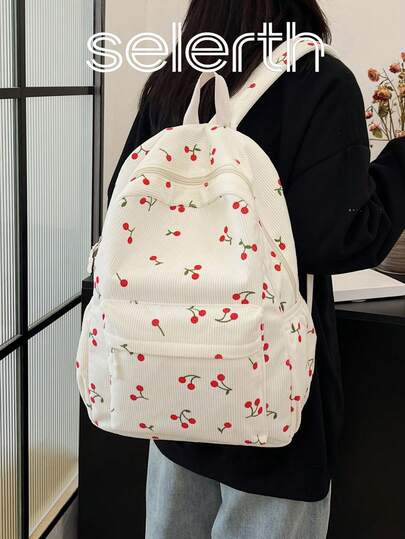 1pc White Corduroy Casual Fresh Cherry Print All-Over Backpack, Large Capacity, Foldable, Smooth Zipper, Adjustable Shoulder Straps, Suitable For High School Students, Campus, Commuting, Outdoor Travel, Holiday Gift, Can Hold Books, Pencil Case, Cosmetic Bag, Etc.