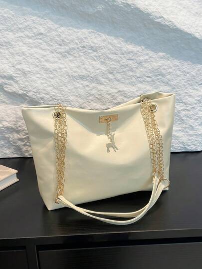 1pc Polyester Deer Pattern Decorative Large Capacity Zipper Shoulder Tote Bag, Suitable For Women's Daily Use