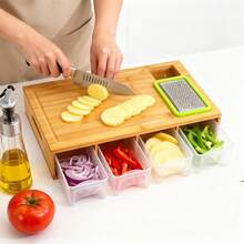 Bamboo Cutting Board With 4 Containers, Large Chopping Board With Juice Grooves & Easy-Grip Handle, Sliding Drawer Food Prep Organiser For Vegetables & Fruit - Brown - View 1