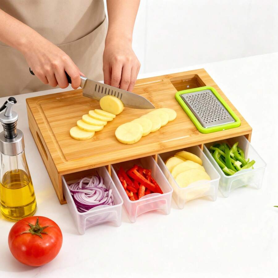 Bamboo Cutting Board With 4 Containers, Large Chopping Board With Juice Grooves & Easy-Grip Handle, Sliding Drawer Food Prep Organiser For Vegetables & Fruit - Brown - View 1