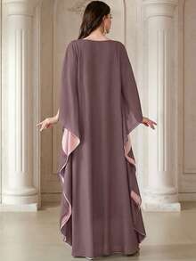 Women's Round Neck Contrast Color Design Pearl Detail Soft Comfortable Long Arabic Abaya, Suitable For Festivals, Daily Wear And Multiple Occasions Spring - Redwood - View 3