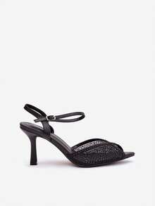 Sandálias femininas elegantes para a noite, com salto agulha fino, detalhes brilhantes e aplicações em tela. Cor: Peloria, douradas e pretas. - Preto - Ver 8