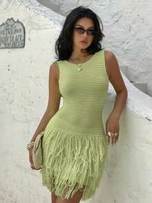 女士优雅复古绿色流苏针织无袖连衣裙，适合度假、约会、下午茶、婚礼、海滩、城市旅行、波西米亚音乐节、夏季派对等场合。 - 綠色 - 查看 8