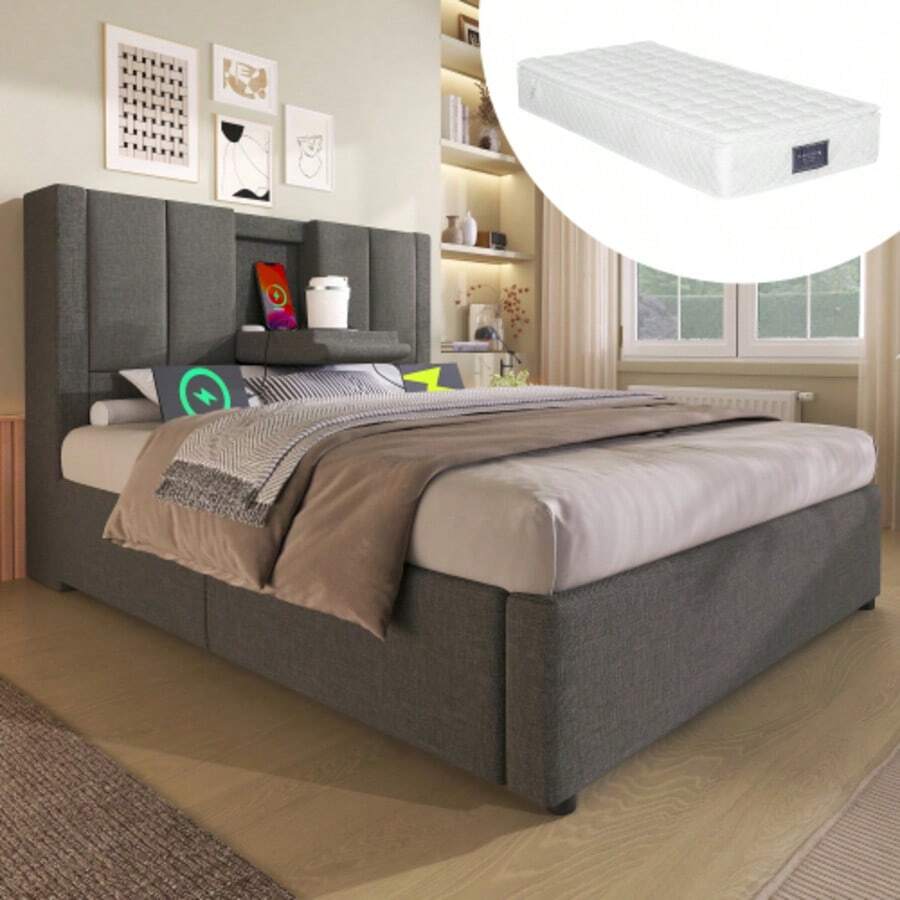 Polsterbett 90x200 Cm Einzelbett Mit Verstecktem Becherhalter & Ladestation, Hydraulisches Bett Mit Stauraum Unter Dem Bett, Inkl. Lattenrost, Leinen Grau(Mit Matratze) - Grey - View 1