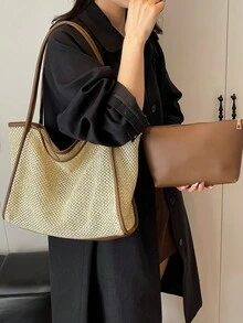 2pcs Spring Straw Large Capacity Handbags, 2026 New Fashion Tote Shoulder Bags, For Travel And Outing - Coffee - View 3