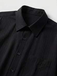 Men's Black Textured Short Sleeve Shirt, High-Quality Breathable Top, Fashionable Button-Down Casual Shirt, Suitable For Daily Casual Street Style - Black - View 5
