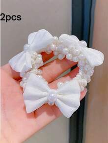 2条儿童珍珠发带，蝴蝶结发箍，女孩发饰，简约INS风球形马尾发箍，日常佩戴，婚礼花童发箍 - 白色 - 查看 8