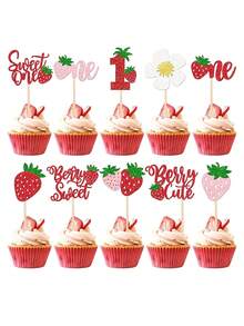 10pcs Strawberry Cake Decorations, Children's Party Supplies Glitter Paper Cupcake Toppers Suitable For Desserts - Multicolor - View 1