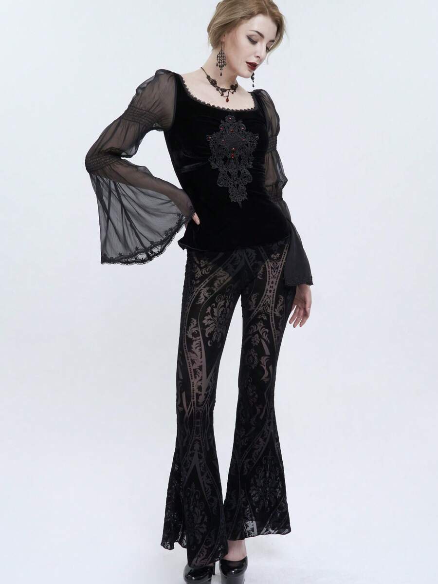 Quần ống loe bằng nhung màu tối theo phong cách Gothic, quần cạp cao in họa tiết bạc cổ điển, kiểu dáng ôm sát tôn dáng, dành cho những người yêu thích văn hóa đặc biệt. - màu đen - Xem 1